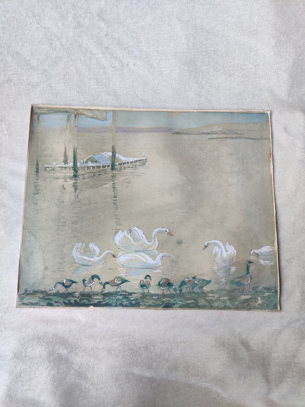 VTG Watercolor Painting Swans Geese Shoreline Pier Pilings Barge River Nature